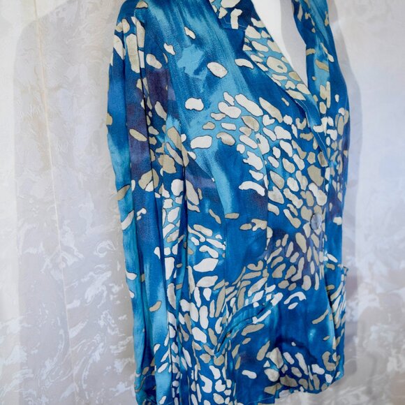 Coldwater Creek 1X Plus Size | Blue Tan Abstract Print Linen Blend Blazer Jacket - Picture 2 of 5